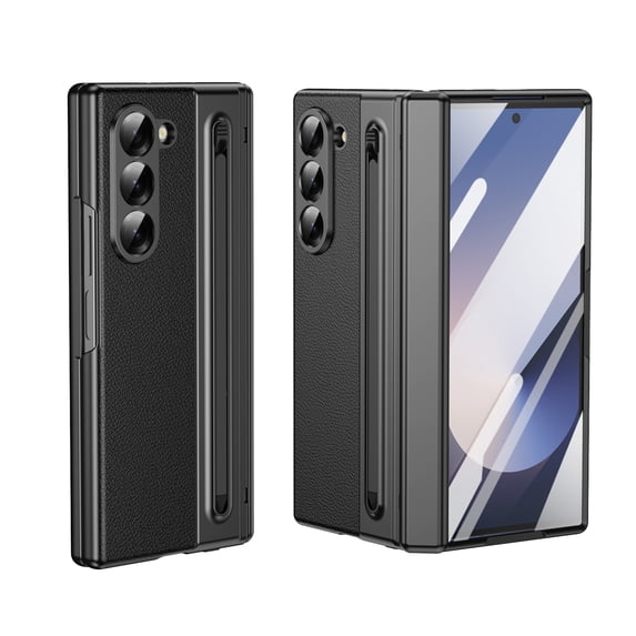 for Sumsung Galaxy Z Fold 5 Case with Pen Holder & Stylus and Built-in Front Screen Protector, Ultra Thin Plating PC + PU Leather Shockproof Protective Hinge Protection Folding Cover, Black