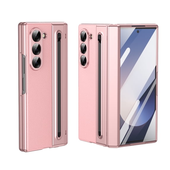 for Sumsung Galaxy Z Fold 6 Case with Pen Holder & Stylus and Built-in Front Screen Protector, Ultra Thin Plating PC + PU Leather Shockproof Protective Hinge Protection Folding Cover, Pink