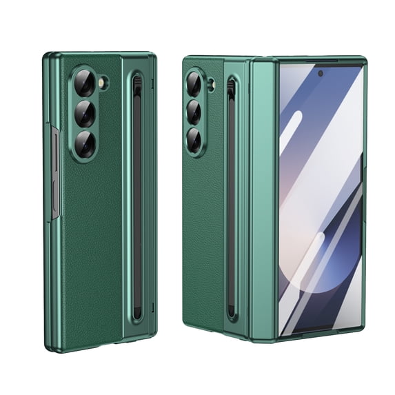 for Sumsung Galaxy Z Fold 6 Case with Pen Holder & Stylus and Built-in Front Screen Protector, Ultra Thin Plating PC + PU Leather Shockproof Protective Hinge Protection Folding Cover, Green