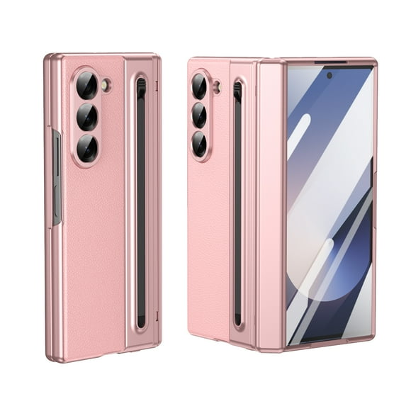 for Sumsung Galaxy Z Fold 7 Case with Pen Holder & Stylus and Built-in Front Screen Protector, Ultra Thin Plating PC + PU Leather Shockproof Protective Hinge Protection Folding Cover, Pink