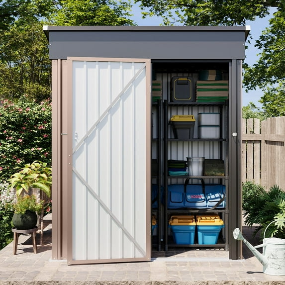 Sumthink 5 x 3 FT Outdoor Storage Shed, Metal Shed for Garden, Backyard, Patio, Brown