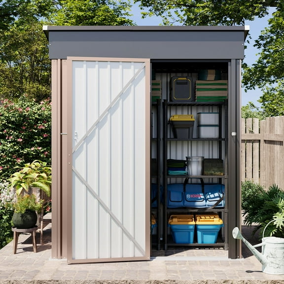 Sumthink 5 x 3 FT Outdoor Storage Shed, Metal Shed for Garden, Backyard, Patio, Brown