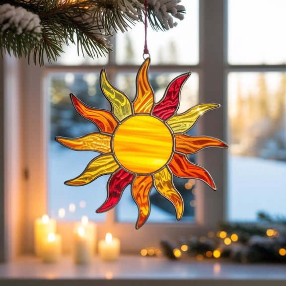 Sun Acrylic Suncatcher Boho Celestial Window Hanging, Vibrant Yellow-Orange-Red Sunburst Decor, Summer Sunshine Ornament