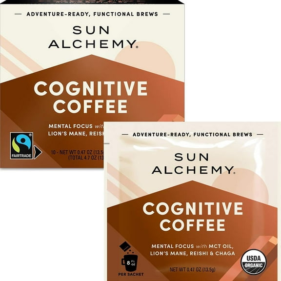 Sun Alchemy Cognitive Coffee with Organic MCT Oil, Fair-Trade Coffee, Lions Mane, Reishi & Chaga - 10 Sachets