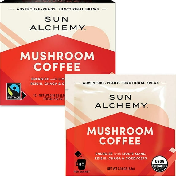 Sun Alchemy Organic Mushroom Coffee, Energize with Organic Fair-Trade Coffee, Lion’s Mane, Reishi, Chaga & Cordyceps Mushrooms - 12 Sachets