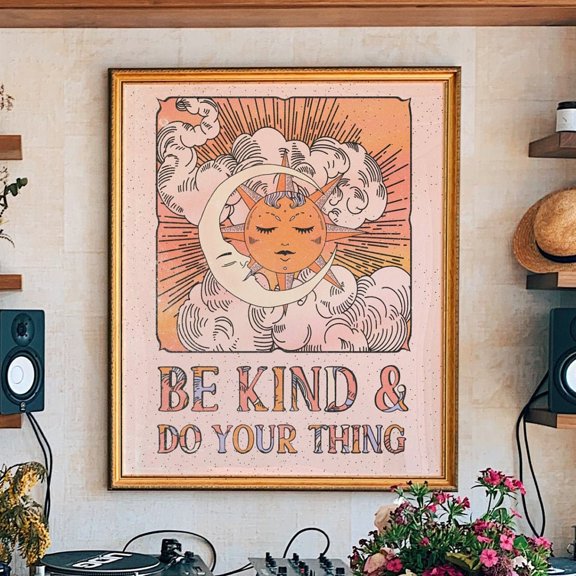Sun And Moon, Be Kind 70s Retro Illustration Poster