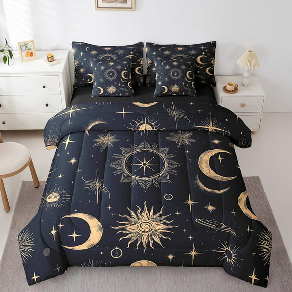 Sun And Moon Bed In A Bag Black Bohemian King Bedding Set 7 Pieces Boho Extoic Style Comforter for Room Decor Galaxy Glitter Decorative Bed Set Woman
