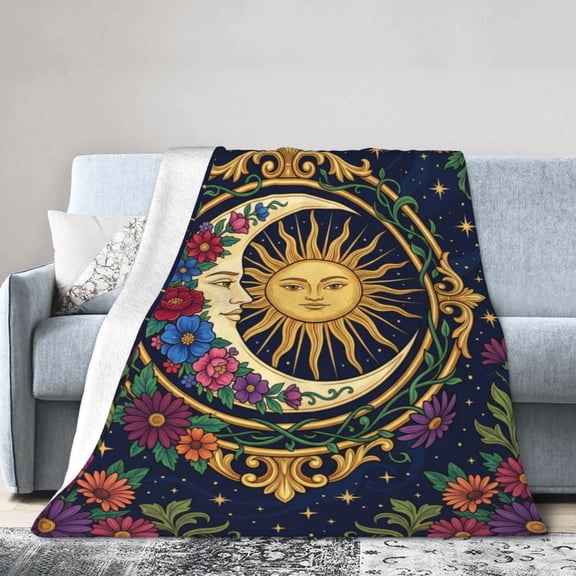 Sun And Moon Blanket - Cozy Flannel Boho Celestial Astrology Throw for Bed - Bohemian Home Decor Gifts for Women 50x40