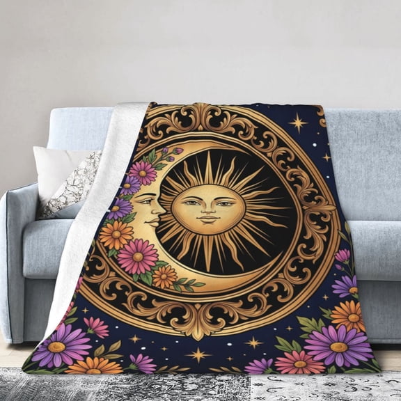 Sun And Moon Blanket - Cozy Flannel Boho Celestial Astrology Throw for Bed - Bohemian Home Decor Gifts for Women 50x40
