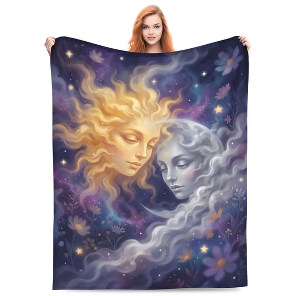 Sun And Moon Blanket, Ethereal Soulmate Sun Moon Clouds Design For Sofa Bed Couch, Soft Flannel Home Office Nap Wrap For Reading Relaxing 50x40