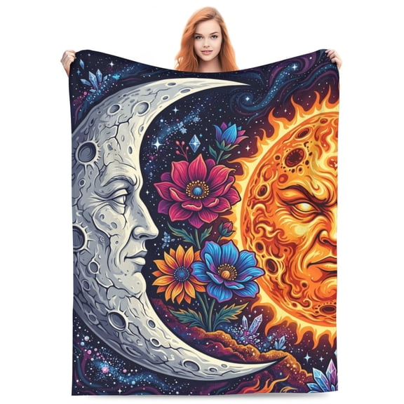 Sun And Moon Blanket, Fiery Sun Textured Moon Face Floral Design For Sofa Couch Bed, Soft Flannel Home Office Nap Wrap For Reading Relaxing 80x60