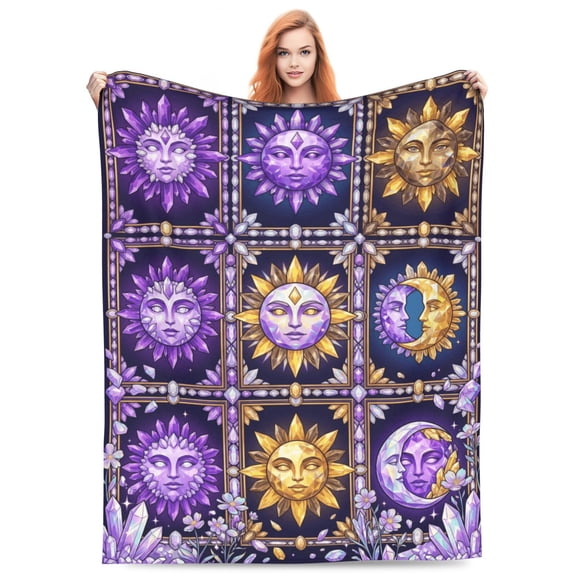Sun And Moon Blanket, Mystical Crystal Gemstone Sun Moon Face Design For Sofa Couch Bed, Soft Flannel Home Office Nap Wrap For Relaxing 50x40