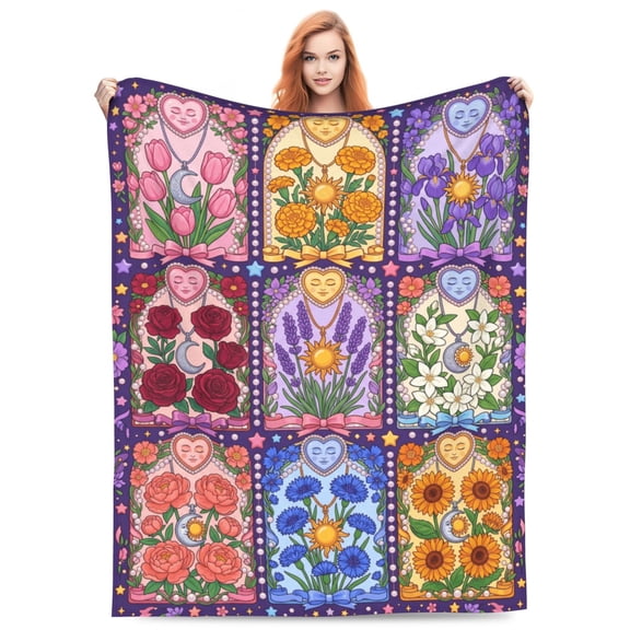 Sun And Moon Blanket, Soft Flannel Celestial Botanical Art For Library Reading Room, Versatile All-Season Snuggle Wrap For Travel Camping 50x40