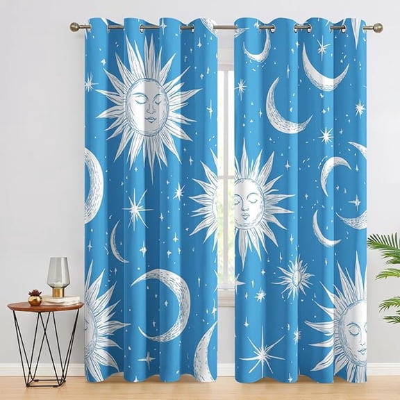 Sun And Moon Curtains for Living Room - Boho Celestial Blackout Curtains, White Blue Window Treatments, Aesthetic Home Decor Drapes 26"W x 45"L