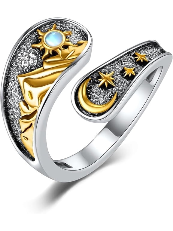 Sun And Moon Spoon rings 925 Sterling Silver Moonstone Sun Moon Star Ring Vintage Mountain Ring Sun And Moon Jewelry Gifts for Mom Women