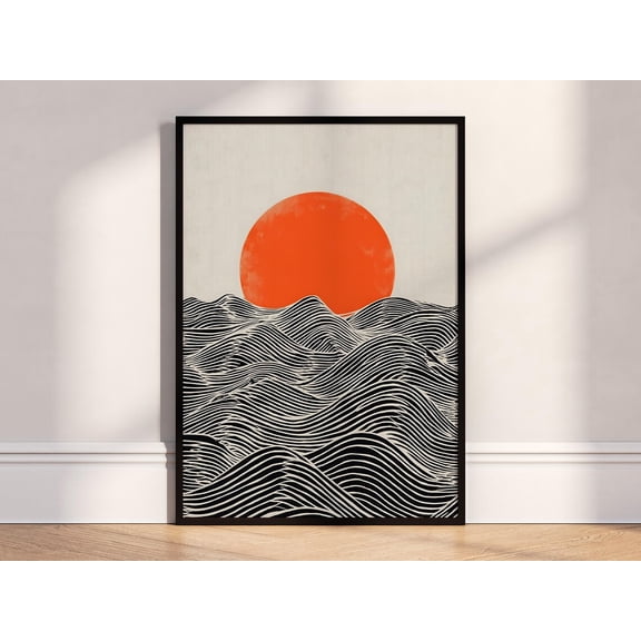 Sun And Waves Abstract Ocean Wall Art Minimalist Sunset Decor, Unframed Poster