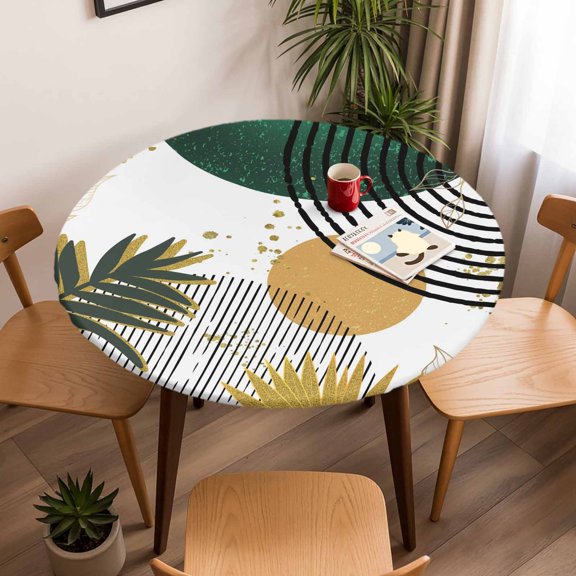 Sun Arch Stripe Abstract Leaves Round Fitted Tablecloth with Elastic Edge,Waterproof Table Cloth Fits Tables Up to 45"-54",Wipeable Washable Table Cover for Indoor Outdoor,Color Block Boho Style