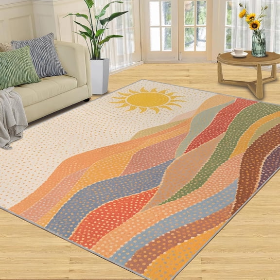 Sun Area Rugs for Living Room Bedroom , Boho Geometric Rug, Modern Mid Century Carpet, Dot Waves Stripes Area Mat, Boho Sun Home Decor Gifts-2' x 3'