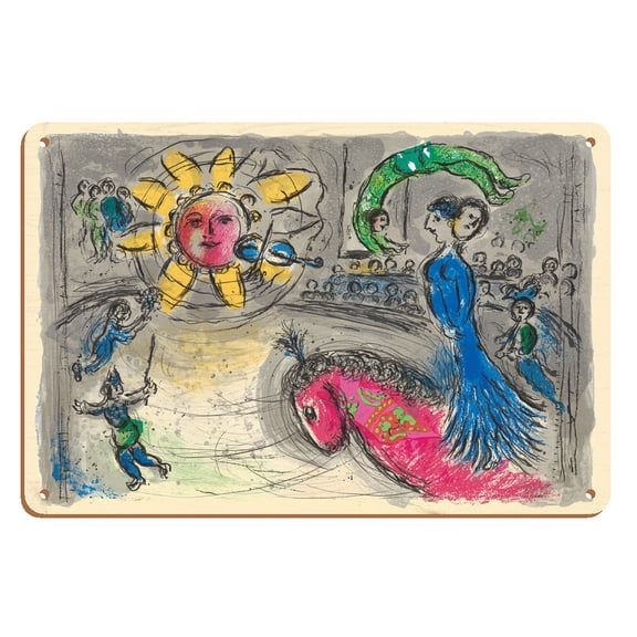 Sun At The Red Horse Circus (Soleil Au Cheval Rouge) - From an Original Color Painting by Marc Chagall c.1977 - 8 x 12 inch Vintage Wood Art Sign