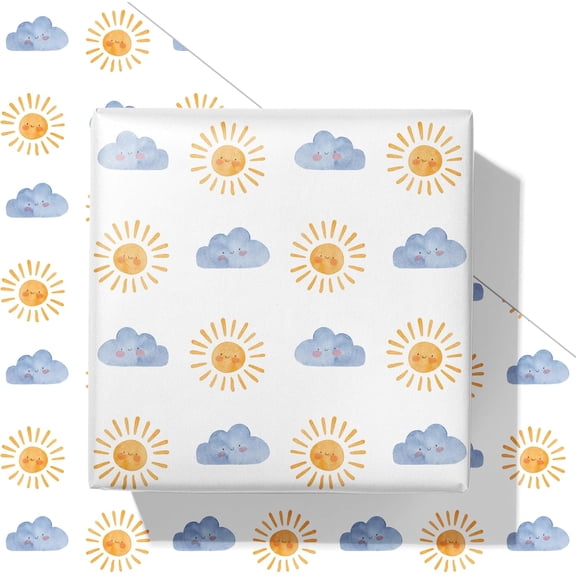 Sun Baby Shower Wrapping Paper for Kids Boys Girls - Happy Weather Gift Wrap With Sun Smile and Cloud Design for Birthday, Baby Shower Kids Party - 28×40 Inches, 4 Jumbo Folded Sheets