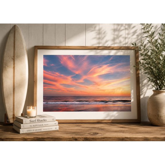 Sun Beach Sky Rolled Print Pink Clouds Ocean Wall Art Ocean Home Decor Office Wall Art