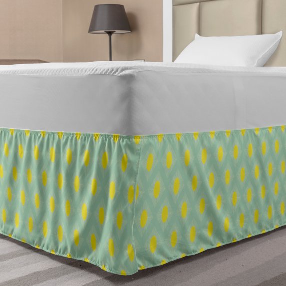 Sun Bed Skirt, Geometric Inspired Pattern of Abstract Ovals and Stripes Contemporary Design, Elastic Bedskirt Dust Ruffle Wrap Around for Bedding Decor, 4 Sizes, Almond Green Yellow, by Ambesonne
