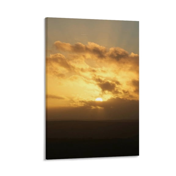 Sun Behind Clouds, Mountain Horizon Art, Framed Canvas Print, 12x8 in