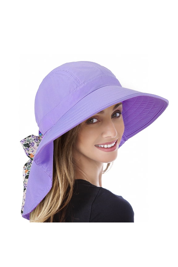 Large Bill Neck Flap Women Hat UPF 50+ Wide Brim UV Protection With Ribbon Adjustable Drawstring Purple