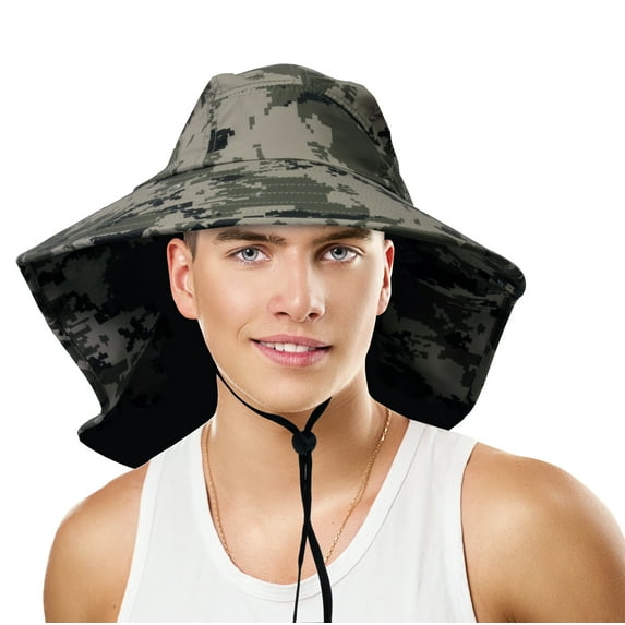 Sun Blocker Outdoor Sun Protection Fishing Cap with Neck Flap, Wide Brim Sun Hat for Travel Camping Hiking Hunting Boating Safari Cap with Adjustable Drawstring, Digital Green