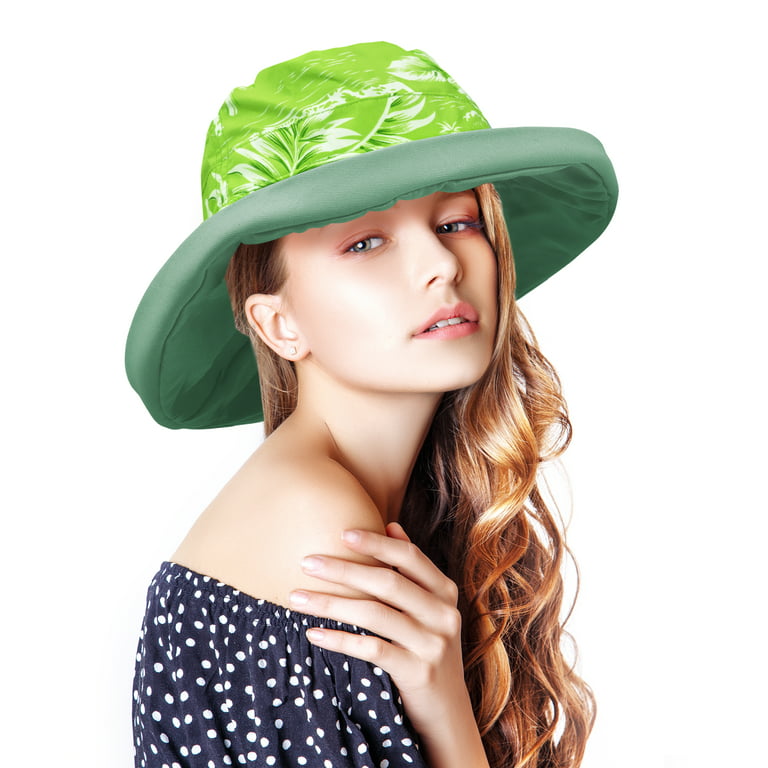 Sun Blocker Women's Hawaiian Floral Sun Hat Outdoor Travel Bucket Cap Green