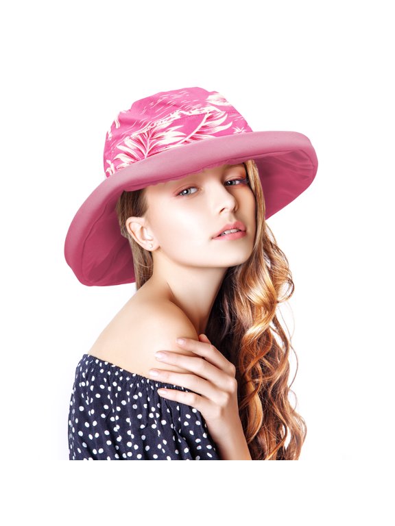 Sun Hat for women, Canvas Reversible Bucket Hat, UV Sun Protection UPF 50+, Double Sided Outdoor Safari Travel Beach Golf Cap, Pink Flower