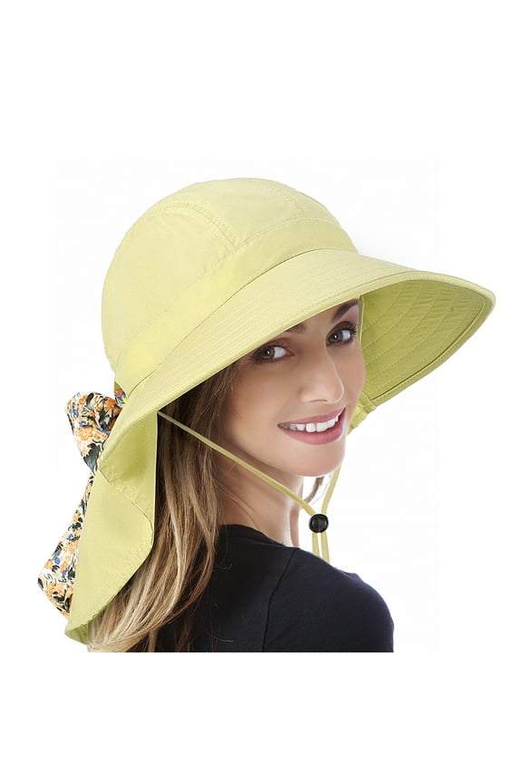 Unisex Travel Sun Hat UPF 50+ Female Large Brim Beach Neck Flap Hat for Camping Gardening Travel, Tan