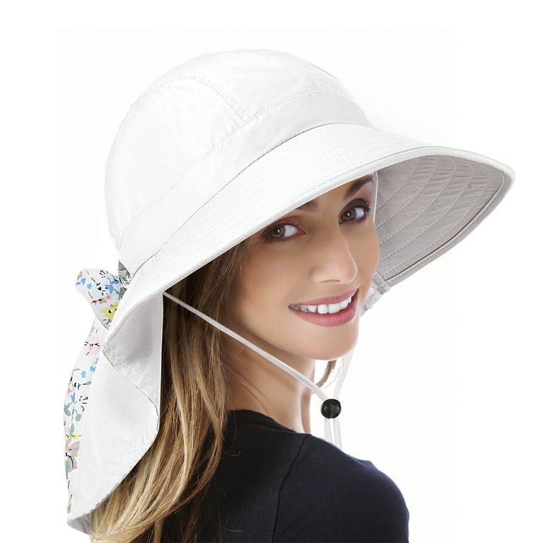Sun Blocker Unisex Travel Sun Hat UPF 50+ Female Large Brim Beach Neck Flap  Hat for Camping Gardening Travel, White