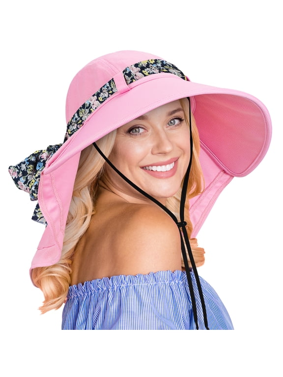 Women's Sun Hat Wide Brim Flap Cap with Floral Ribbon for Beach Gardening Hiking Fishing Safari UPF 50+ Pink
