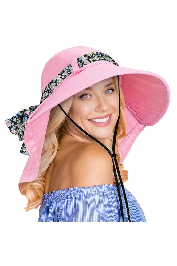 Women's Sun Hat Wide Brim Flap Cap with Floral Ribbon for Beach Gardening Hiking Fishing Safari UPF 50+ Pink