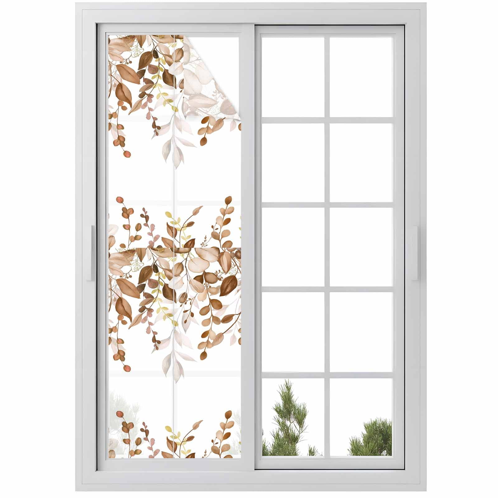 Sun Blocking Glass Window Film, Brown Eucalyptus Leaves Window Privacy Film Frosted, Farmhouse Botanical Watercolor Reusable Windows Privacy Sticker for Home Decor, Nursery, 23.6 x 78.7 Inches