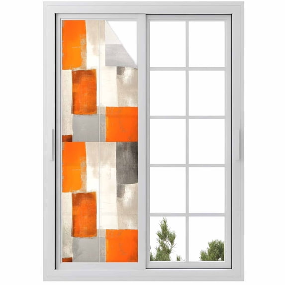 Sun Blocking Glass Window Film, Burnt Orange Beige Window Privacy Film Frosted, Abstract Modern Oil Painting Geometric Reusable Windows Privacy Sticker for Home Decor, Nursery, 23.6 x 78.7 Inches