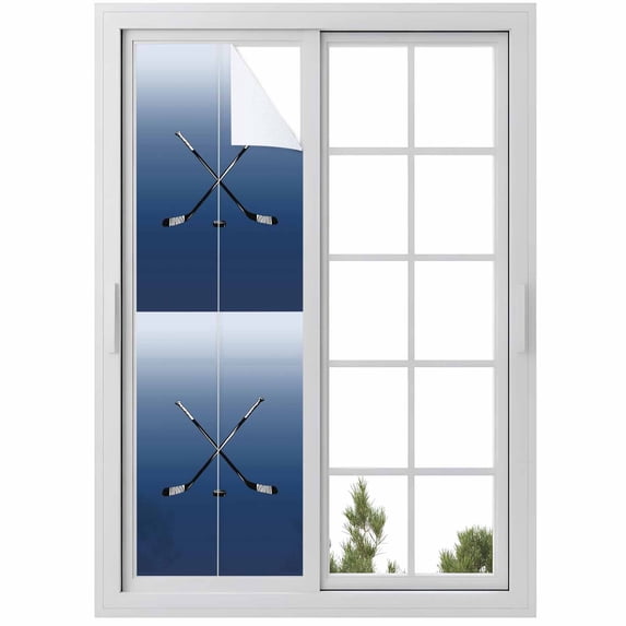Sun Blocking Glass Window Film, Navy Blue Ice Hockey Window Privacy Film Frosted, Winter Sports Ball Games Ombre Reusable Windows Privacy Sticker for Home Decor, Nursery, 23.6 x 78.7 Inches