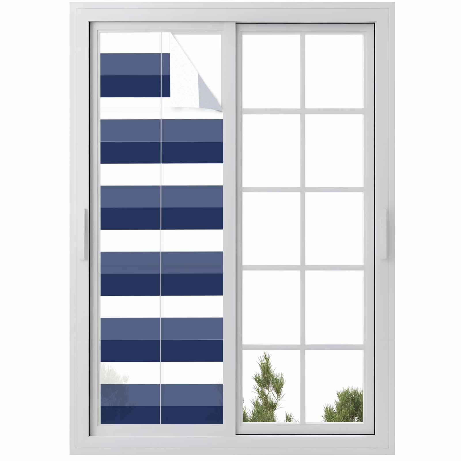 Sun Blocking Glass Window Film, Navy Blue Ombre Stripe Window Privacy Film Frosted, Abstract Art Modern Blue Striped Reusable Windows Privacy Sticker for Home Decor, Nursery, 23.6 x 78.7 Inches