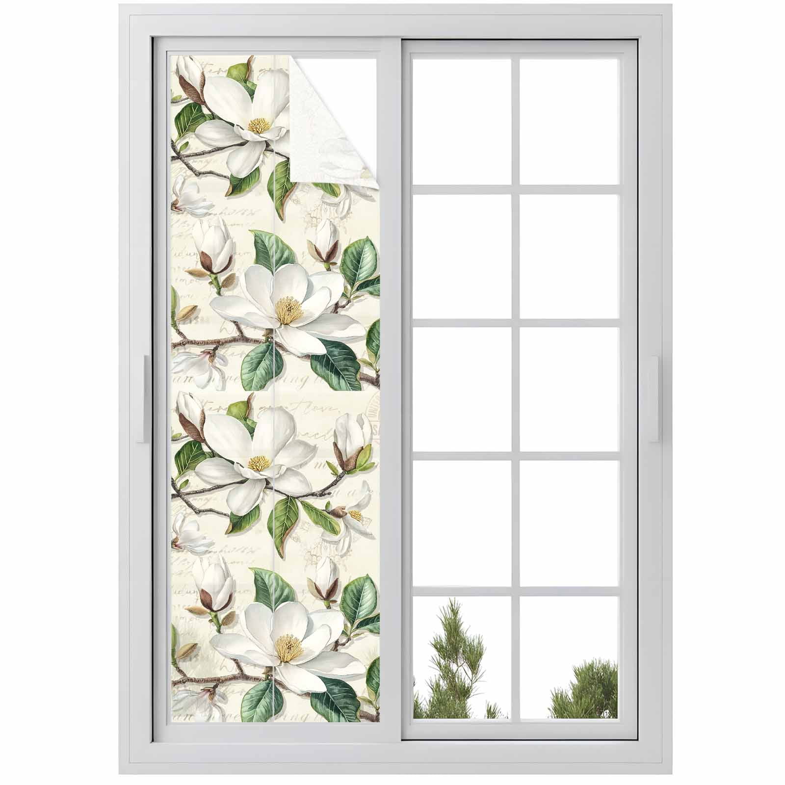 Sun Blocking Glass Window Film, Vintage Floral Spring Window Privacy Film Frosted, Rustic Botanical White Flowers Reusable Windows Privacy Sticker for Home Decor, Nursery, 23.6 x 78.7 Inches
