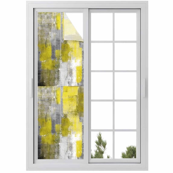 Sun Blocking Glass Window Film, Yellow Grey Window Privacy Film Frosted, Abstract Art Oil Painting Modern Geometric Reusable Windows Privacy Sticker for Home Decor, Nursery, 23.6 x 78.7 Inches
