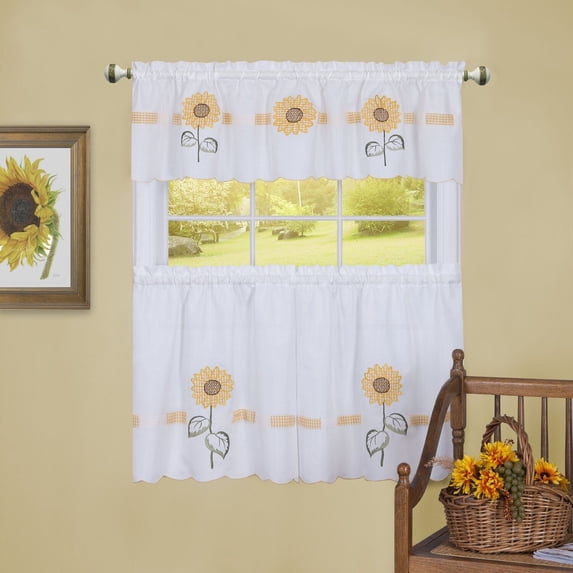 Sun Blossoms Embellished Tier and Valance Window Curtain Set