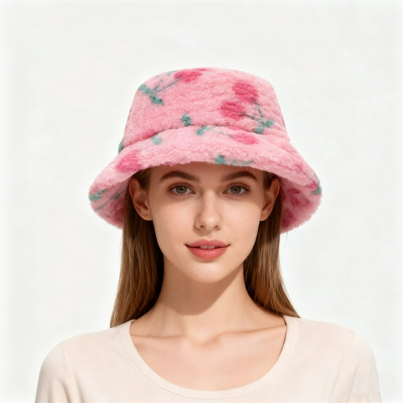 Sun Bucket Hats for Women Men Wide Brim Upf 50  Fishing & Beach Hats Bucket Hats Ladies' Fresh Stylish Printed Plush Basin Hats with A Trendy College Style Cute and Warm Winter Fishing Hats
