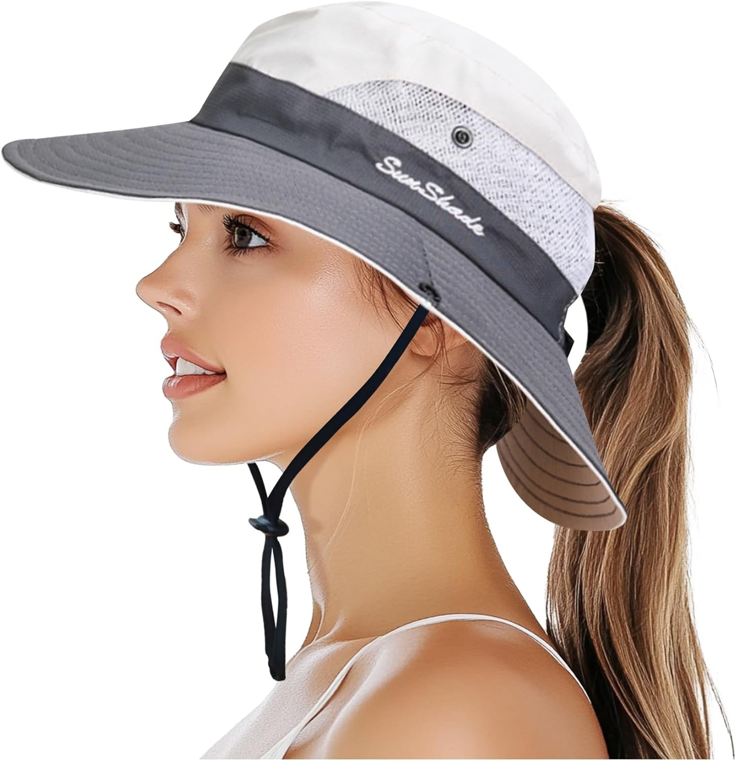 PFFY Sun Bucket Hats for Women Men UV Protection Wide Brim Fishing Hat Beach Outdoor Essentials Beige (Ponytail