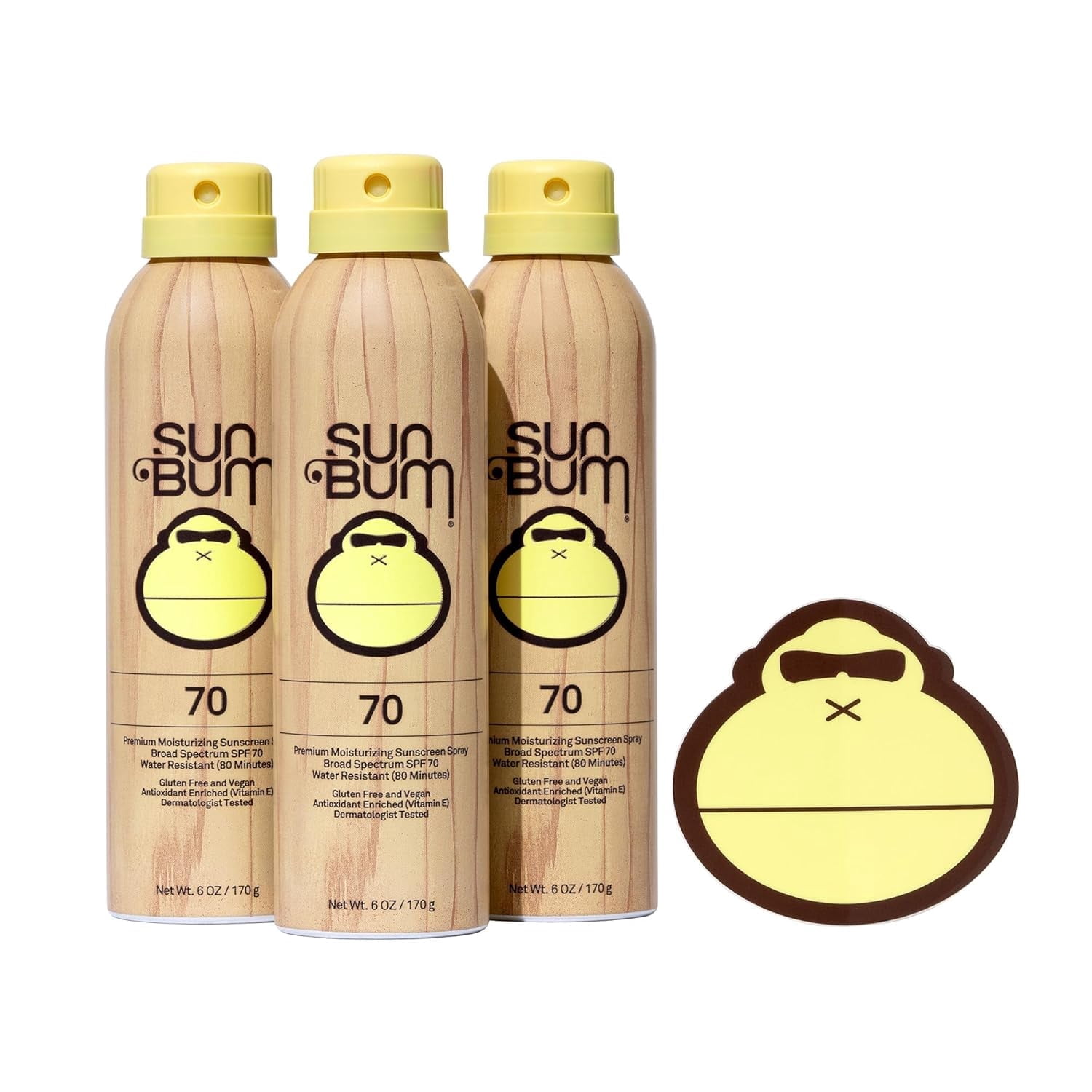 Sun Bum Original Moisturizing Sunscreen Spray SPF 70 with Sunny Sticker, Vegan and Hawaii Act 104 Compliant, Octinoxate & Oxybenzone Free, Broad Spectrum UVA/UVB Sunscreen, 3 Pack, 6 oz