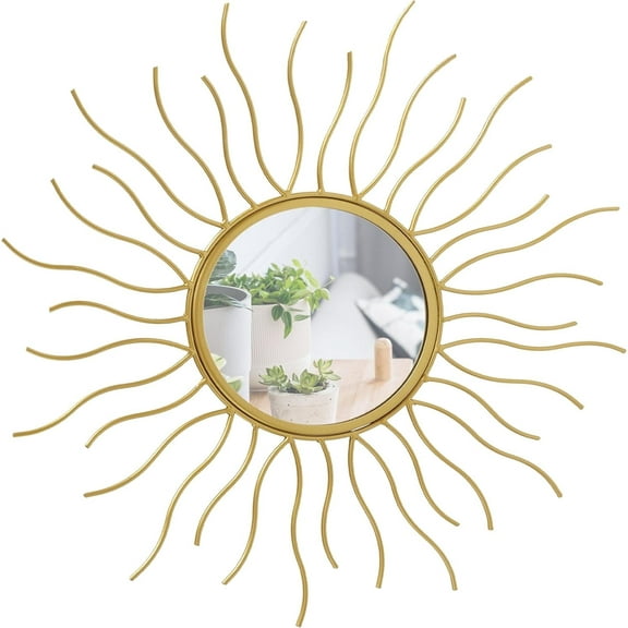 Sun Burst Accent Mirror, Brilliant Glass, Circular Metal Frame, Inset, Golden Gilt Finish, Radiant Petals or Beams Frame, 20 Inches