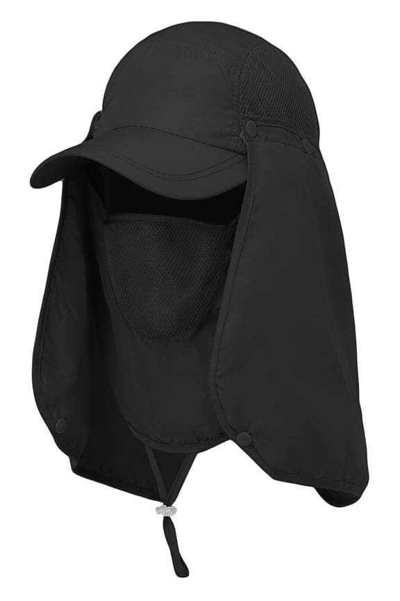 Sun Cap Fishing Hat Unisex Adult 360% UV UPF 50+ Solar Protection, Lightweight Outdoor Summer Wide Brim Visor with Detachable Neck Flap & Face Cover Mask, Quick Dry, Windproof, For Beach, Black