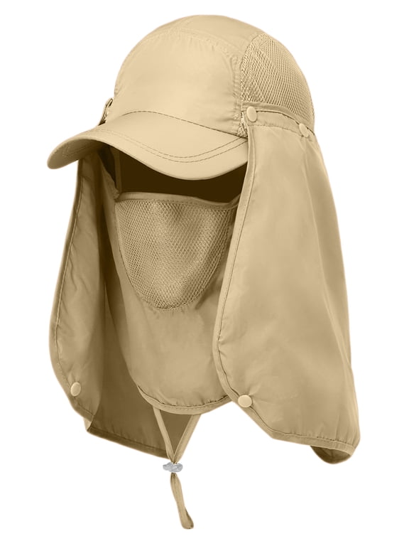 Sun Cap Fishing Hat Unisex Adult 360% UV UPF 50+ Solar Protection, Lightweight Outdoor Summer Wide Brim Visor with Detachable Neck Flap & Face Cover Mask, Quick Dry, Windproof, For Beach, Khaki