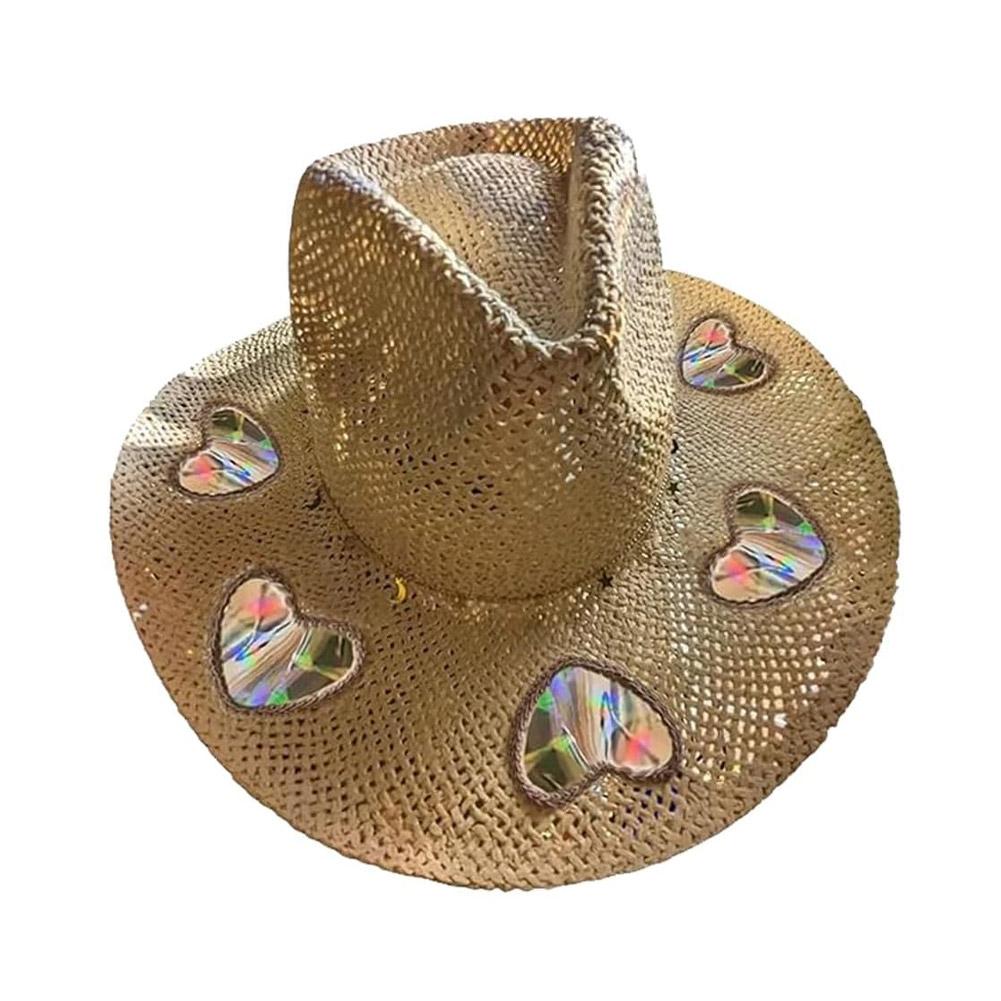 Sun Catcher Cowgirl Straw Prism Hat,Bohemian Rainbow Star Moon Heart — free download