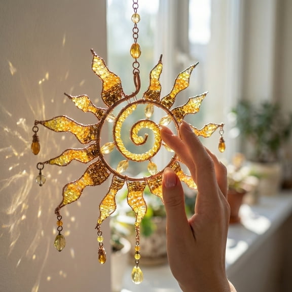 Sun Catcher, Crystal Sun Catcher, Metal Sun Outdoor Decor, Hanging Wall Decor, 6X4 Inch Spiral Sun Shaped Crystal Prism Ornament with Raffia Card Gift Box, Ideal for Patio Window